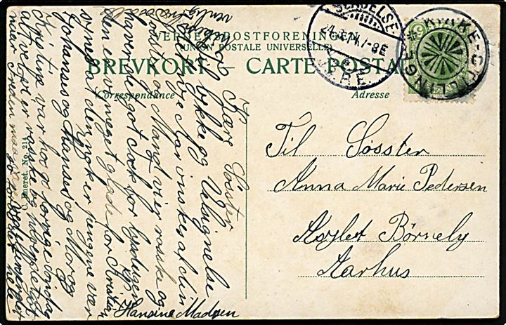 5 øre Chr. X på brevkort annulleret med stjernestempel KIRKE-STILLINGE og sidestemplet Slagelse JB.P.E. d. 24.8.1914 til Aarhus.