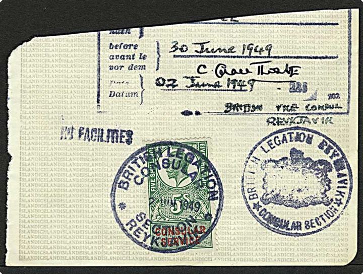 Britisk 5 sh. Consular Service stempelmærke på side fra pas annulleret med gummistempel fra British Legation Consular Section Reykjavik d. 2.6.1949.