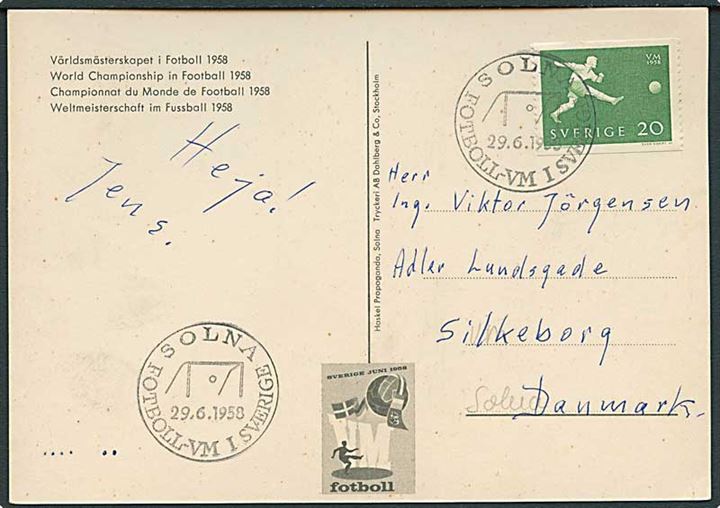 20 øre Fodbold VM 1958 på officielt brevkort stemplet Solna Fotboll-VM i Sverige d. 29.6.1958 til Silkeborg, Danmark.
