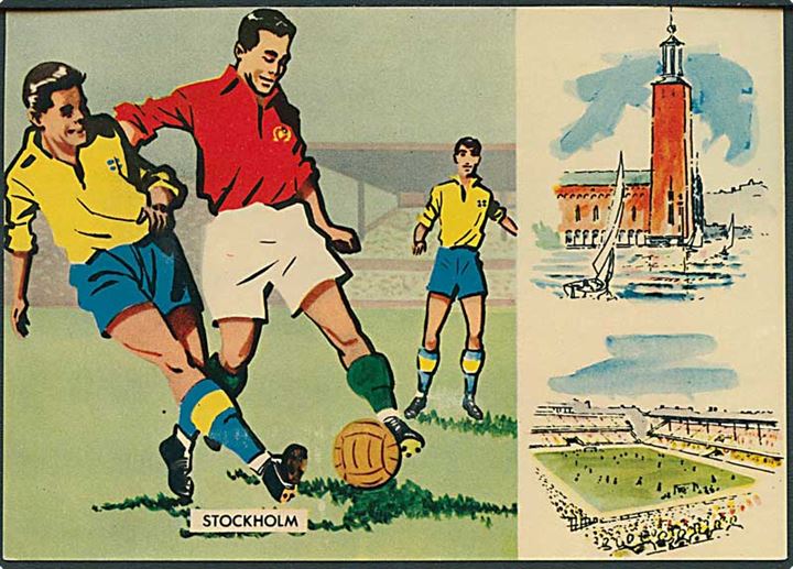 20 øre Fodbold VM 1958 på officielt brevkort stemplet Solna Fotboll-VM i Sverige d. 29.6.1958 til Silkeborg, Danmark.