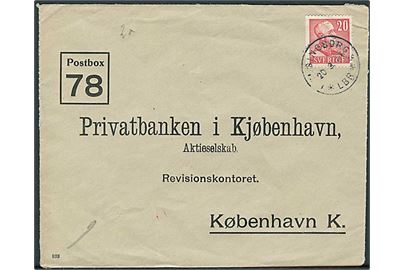 20 öre Gustaf på brev fra Helsingborg d. 20.3.1944 til København, Danmark. Åbnet af censuren i København med neutral brun banderole. 