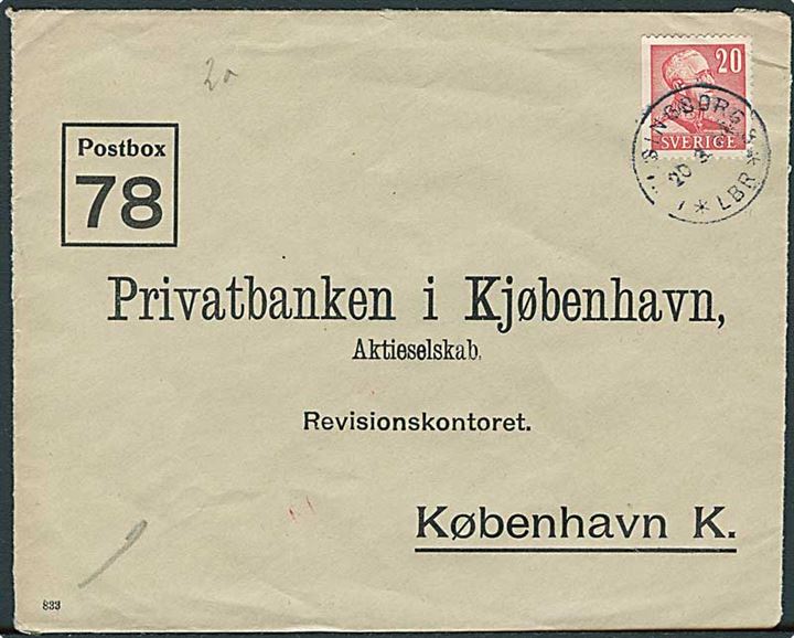 20 öre Gustaf på brev fra Helsingborg d. 20.3.1944 til København, Danmark. Åbnet af censuren i København med neutral brun banderole. 
