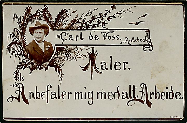 Reklame for Maler Carl de Voss, Aalebæk påklæbet 5 øre Våben helsagsbrevkort sendt fra Borre d. 6.9.1900.