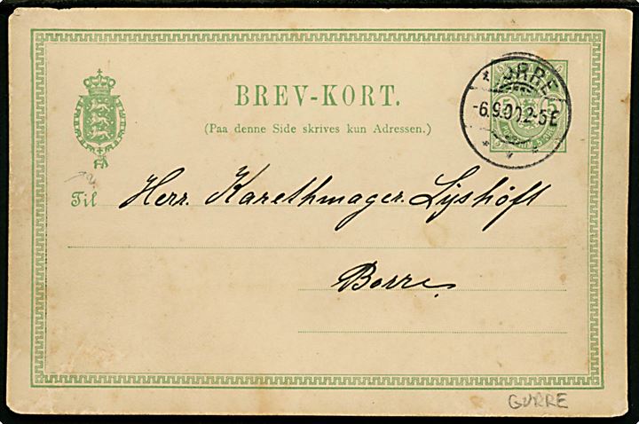 Reklame for Maler Carl de Voss, Aalebæk påklæbet 5 øre Våben helsagsbrevkort sendt fra Borre d. 6.9.1900.