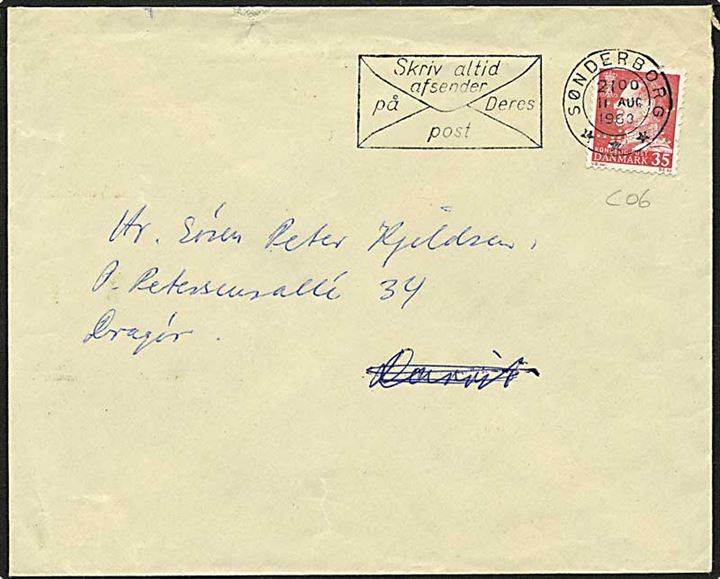 35 øre rød Fr. IX på brev fra Sønderborg d. 11.8.1963 til Gentofte. Mærket med perfin C06.