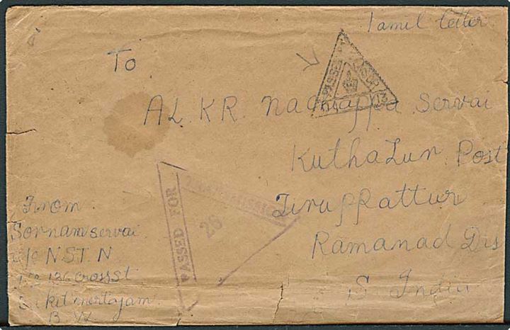 8 c. George VI på bagsiden af brev fra Bukit Mertajam d. 2.12.1941 til Tiruppattur, Indien. Både Strait Settlement og indisk censur.