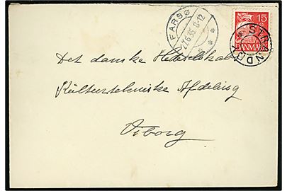 15 øre Karavel på brev annulleret med udslebet stjernestempel STRANDBY og sidestemplet Farsø d. 27.6.1935 til Viborg.