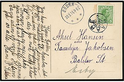 5 øre Chr. X på brevkort annulleret med stjernestempel MAARE og sidestemplet brotype IIIb Ørbæk d. 30.9.1914 til Balslev St. pr. Eiby.