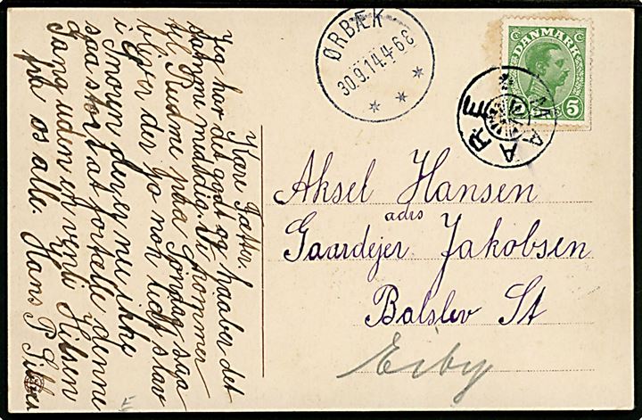 5 øre Chr. X på brevkort annulleret med stjernestempel MAARE og sidestemplet brotype IIIb Ørbæk d. 30.9.1914 til Balslev St. pr. Eiby.