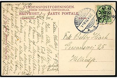 5 øre Chr. X på brevkort annulleret med stjernestempel TIKJØB og sidestemplet Fredensborg d. 1.3.1918 til Hellerup.