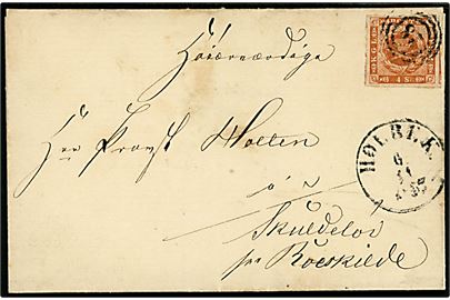 4 sk. 1854 udg. med bred rand på brev annulleret med nr.stempel 28 og sidestemplet antiqua Holbek. d. 6.11.1855 til provst Holten i Skuldelev pr. Roskilde.