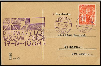 Port Gdansk. 5 gr. Polen 20 år udg. på 1.-flyvnings brevkort Warszawa-London stemplet Warszawa 2 LOT d. 17.4.1939 til Bojanowo.