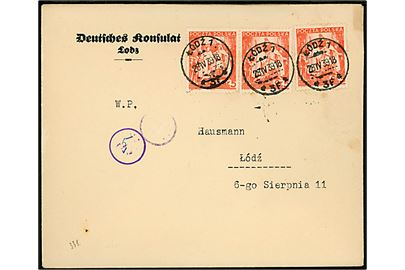 5 gr. Republikken 20 år (3) på fortrykt kuvert fra Deutsches Konsulat Lodz sendt lokalt i Lodz d. 28.4.1939.