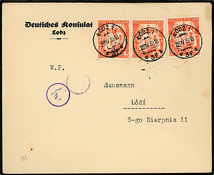 5 gr. Republikken 20 år (3) på fortrykt kuvert fra Deutsches Konsulat Lodz sendt lokalt i Lodz d. 28.4.1939.