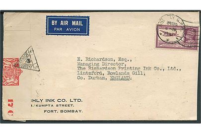 14 as. single på luftpostbrev fra Bombay d. 29.4.1941 til Liuntzford, England. Åbnet af indisk censur.
