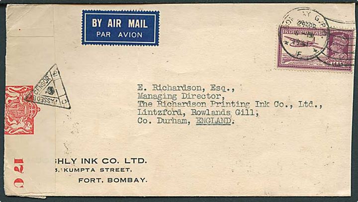 14 as. single på luftpostbrev fra Bombay d. 29.4.1941 til Liuntzford, England. Åbnet af indisk censur.