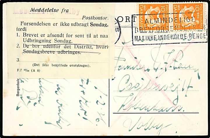 10 øre H. C. Andersen i parstykke på søndags-brevkort fra Aarhus d. 2.2.1936 til København. Påsat meddelelse fra København-Valby postkontor - Formular F7 12/34 (A 8) - vedr. forsendelsen afsendt for sent til udbringning søndag. Kort med folder. 