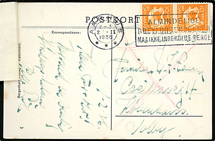 10 øre H. C. Andersen i parstykke på søndags-brevkort fra Aarhus d. 2.2.1936 til København. Påsat meddelelse fra København-Valby postkontor - Formular F7 12/34 (A 8) - vedr. forsendelsen afsendt for sent til udbringning søndag. Kort med folder. 