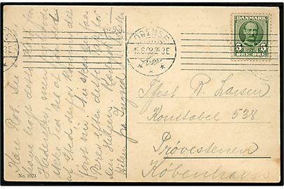 5 øre Fr. VIII på brevkort fra Odense d. 15.6.1908 til konstabel 538 på søfortet Prøvestenen, København.