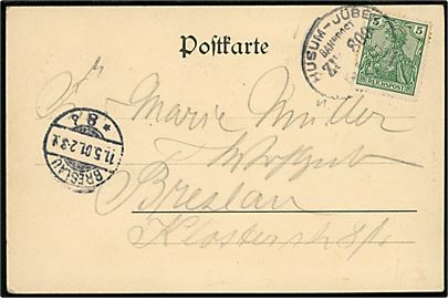 5 pfg. Germania på brevkort annulleret med ovalt bureaustempel Husum - Jübek Bahnpost Zug 809 d. 10.5.1901 til Brezlau. 