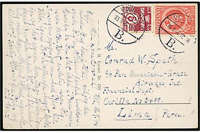 5 øre Bølgelinie og 20 øre Chr. X 75 år på brevkort annulleret med brotype Vc Vojens B. d. 13.9.1946 til Lima, Peru, Sydamerika. God destination.