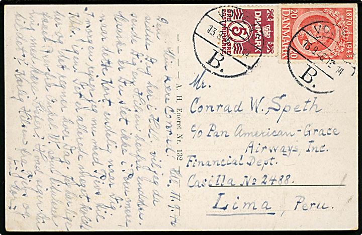 5 øre Bølgelinie og 20 øre Chr. X 75 år på brevkort annulleret med brotype Vc Vojens B. d. 13.9.1946 til Lima, Peru, Sydamerika. God destination.