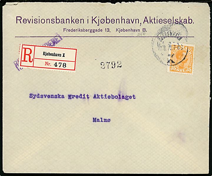 35 øre Chr. X single på 2. vægtkl. anbefalet brev annulleret Kjøbenhavn K. d. 10.3.1916 til Malmö, Sverige. Påsat fortrykt Rec.-etiket Kjøbenhavn X fra Indleveringspostkontoret Kjøbenhavn X som ændrede navn til Kjøbenhavn 10 pr. 1.4.1916.