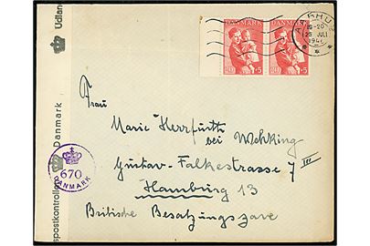 20+5 øre Børneforsorg i parstykke på brev fra Aarhus d. 25.7.1946 til Hamburg, Tyskland. Åbnet af dansk efterkrigscensur (krone)/670/Danmark.