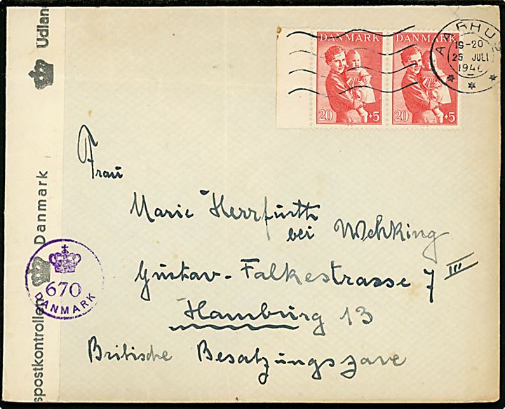 20+5 øre Børneforsorg i parstykke på brev fra Aarhus d. 25.7.1946 til Hamburg, Tyskland. Åbnet af dansk efterkrigscensur (krone)/670/Danmark.