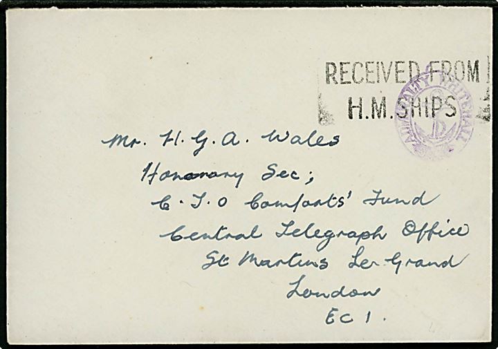 Ufrankeret flådepost brev stemplet Received from H.M.Ships og violet Admiralty Whitehall til London.