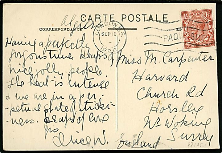 1½d George V på brevkort fra Algier annulleret med skibsstempel London F.S. / Paquebot d. 12.9.1926 til Horsley, England.