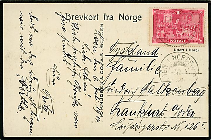 10 øre Uafhængighed på brevkort stemplet Loen i Nordfjord d. 8.7.1914 til Frankfurt, Tyskland. 