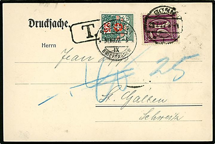 50 pfg. single på underfrankeret tryksag fra Bonn d. 29.7.1922 til St. Gallen, Schweiz. Udtakseret i porto med 25 c. portomærke stemplet St. Gallen d. 31.7.1922.