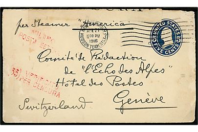 5 cents Washington helsagskuvert påskrevet per Steamer America  fra New York d. 21.4.1916 til Geneve, Schweiz. Åbnet af italiensk censur i Milano.