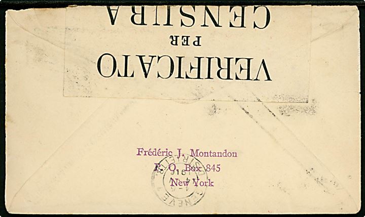 5 cents Washington helsagskuvert påskrevet per Steamer America  fra New York d. 21.4.1916 til Geneve, Schweiz. Åbnet af italiensk censur i Milano.