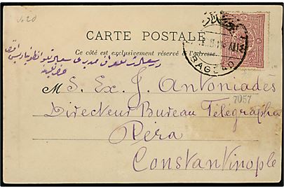 Tyrkisk 20 para Våben på brevkort (Souvenir de Bagdad) annulleret med 2-sproget stempel i Bagdad d. 1.1.1898 til Pera, Constantinopel, Tyrkiet.