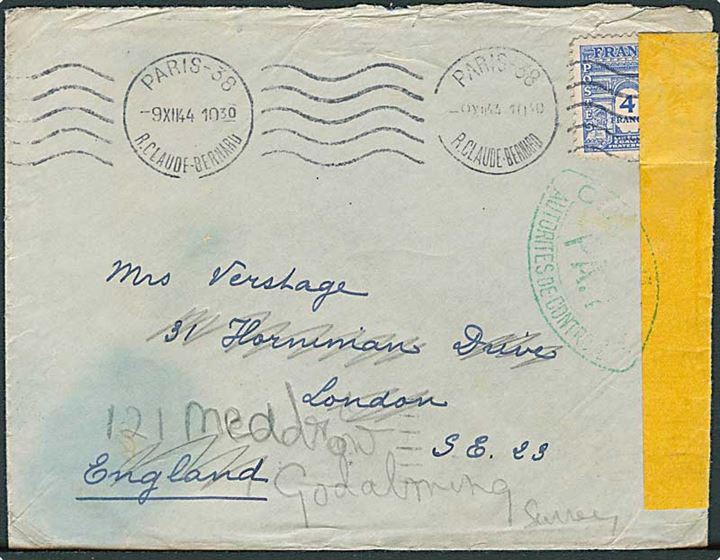 4 fr. single på brev fra Paris d. 9.12.1944 til London, England. Åbnet af fransk censur.