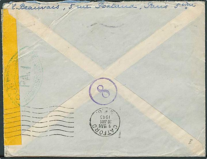 4 fr. single på brev fra Paris d. 9.12.1944 til London, England. Åbnet af fransk censur.