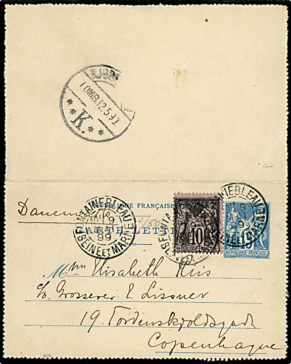 15 c. helsags korrespondancekort opfrankeret med 10 c. fra Fontainebleau d. 9.5.1899 til København, Danmark.