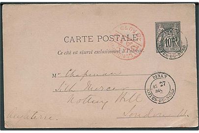 10 c. helsagsbrevkort fra Dinan d. 27.8.1879 til London, England.