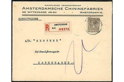 27½ c. Wilhelmina single på anbefalet brev fra Amsterdam d. ?.11.1929 til København, Danmark. Ank.stemplet København V. d. 19.11.1929.