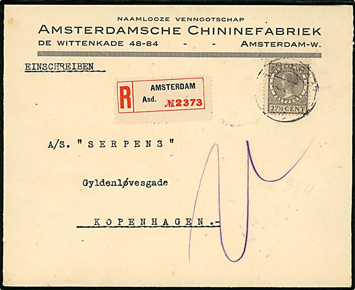 27½ c. Wilhelmina single på anbefalet brev fra Amsterdam d. ?.11.1929 til København, Danmark. Ank.stemplet København V. d. 19.11.1929.