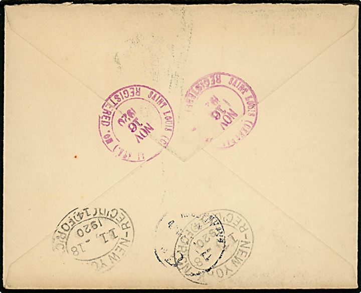 15 cents Franklin single på anbefalet brev med modtagelsesbevis fra Saint Louis d. 16.11.1920 via New York til København, Danmark.