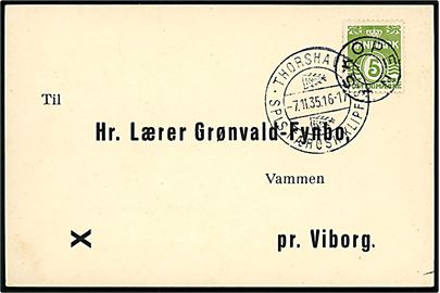 5 øre Bølgelinie på tryksagskort annulleret med udslebet stjernestempel SKOPEN og sidestemplet med klipfiskstempel Thorshavn d. 7.11.1935 til Vammen pr. Viborg.