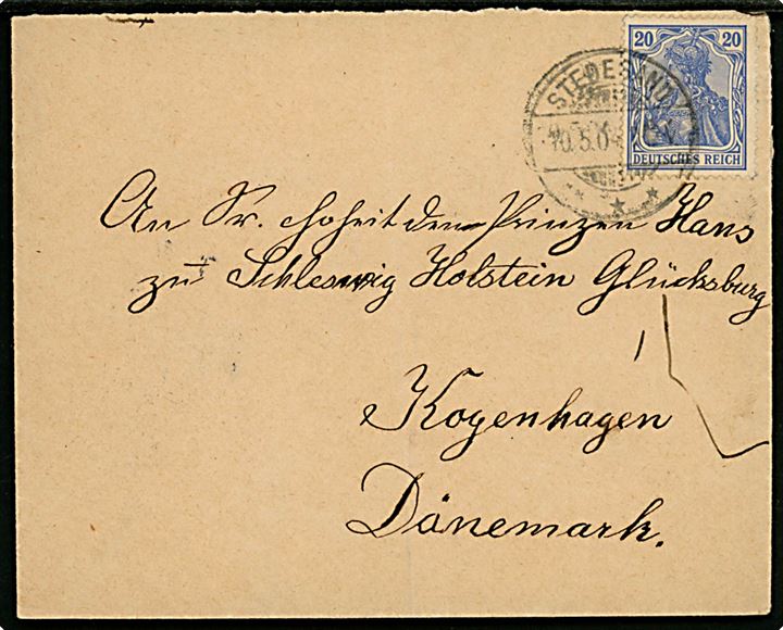 20 pfg. Germania på brev stemplet Stedesand (By i nordvestlige Sydslesvig) d. 10.5.1904 via Ribe d. 13.5.1904 til Prins Hans af Schleswig-Holstein Glücksburg i København, Danmark.
