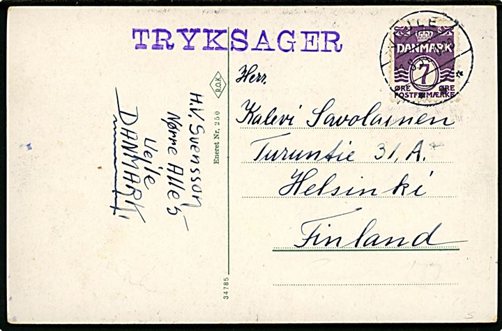 7 øre Bølgelinie på brevkort sendt som tryksag fra Vejle d. 11.8.1934 til Helsinki, Finland.