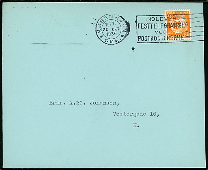 10 øre H. C. Andersen med perfin K.a.B. på firmakuvert fra Københavns almindelige Boligselskab sendt lokalt i København d. 30.10.1935.