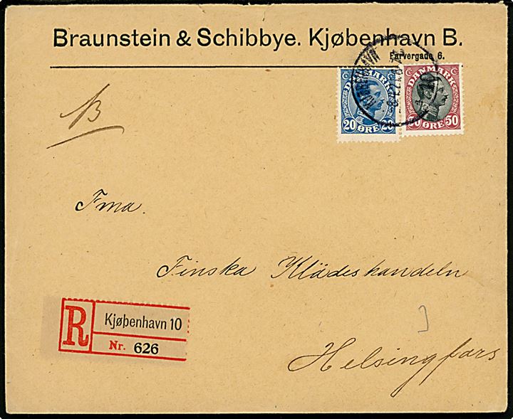 20 øre og 50 øre Chr. X på anbefalet brev fra Kjøbenhavn 10 d. 8.4.1921 til Helsingfors, Finland.
