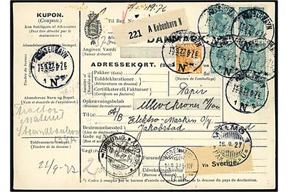 30 øre Karavel og 60 øre Chr. X (6) på 330 øre frankeret internationalt adressekort for pakke fra Kjøbenhavn n. d. 15.9.1927 via Malmö og Turku til Jakobstad, Finland.
