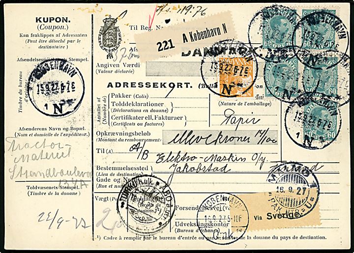 30 øre Karavel og 60 øre Chr. X (6) på 330 øre frankeret internationalt adressekort for pakke fra Kjøbenhavn n. d. 15.9.1927 via Malmö og Turku til Jakobstad, Finland.